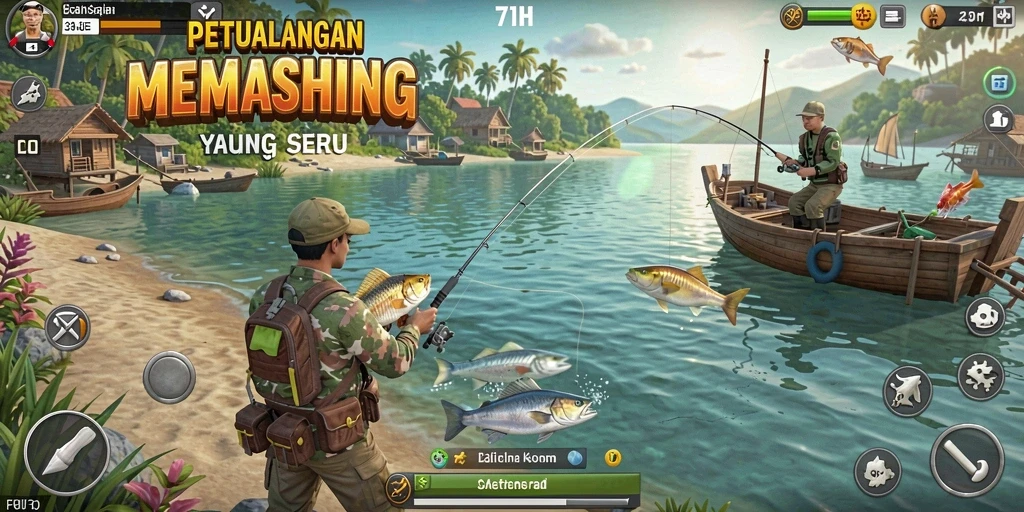 Tampilan gameplay 71H yang menarik dengan beragam ikan dan lokasi memancing.