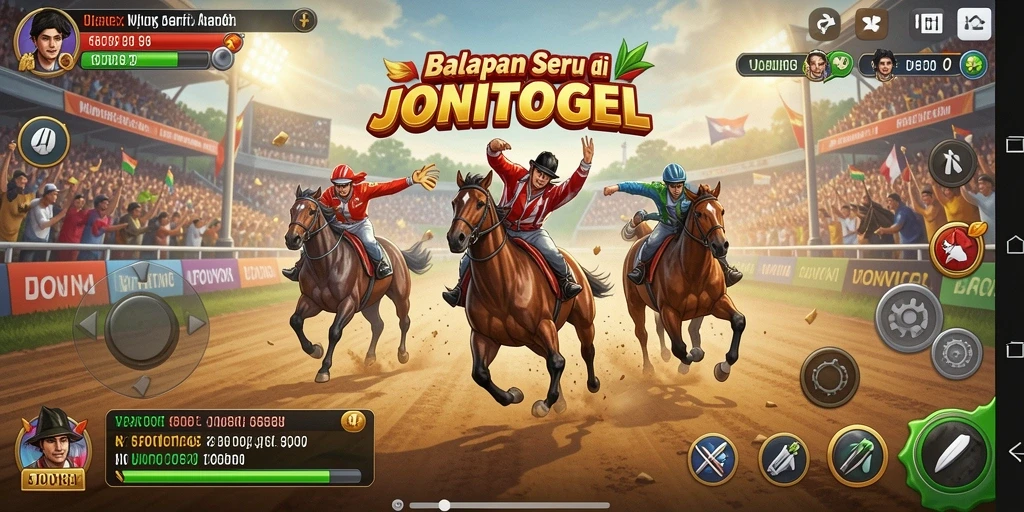 Screenshot gameplay <strong>JONITOGEL</strong> yang menunjukkan balapan seru di trek yang menantang.