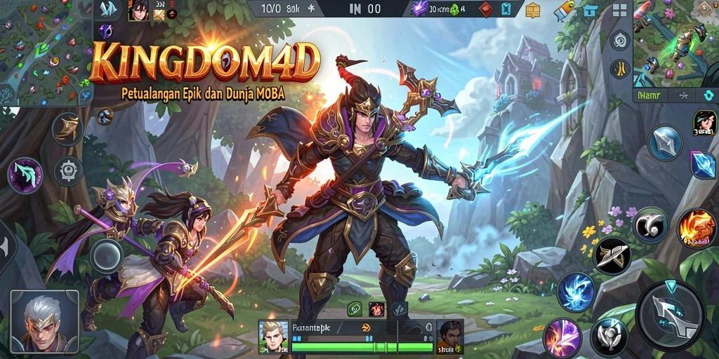 Tampilan gameplay KINGDOM4D yang penuh aksi dalam pertarungan MOBA.