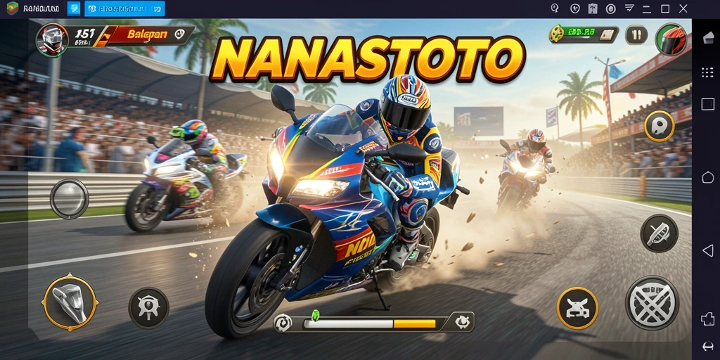 Gameplay NANASTOTO menampilkan aksi balapan motor yang mendebarkan di lintasan menantang.