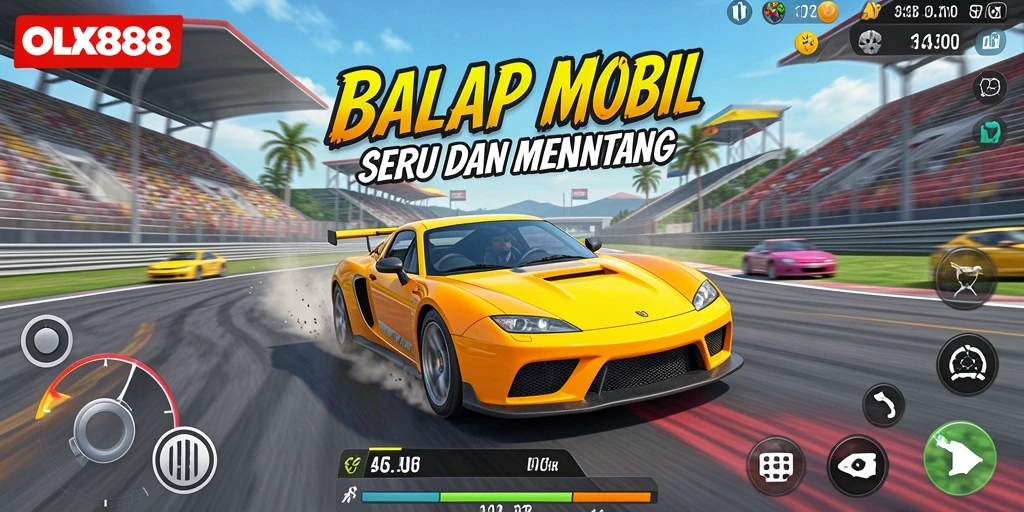 Screenshot gameplay OLX888 menampilkan aksi balap yang seru dan mendebarkan.