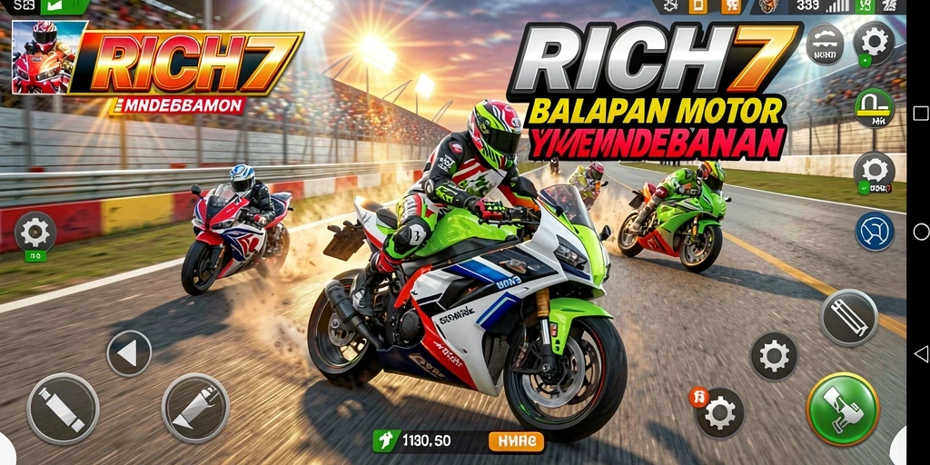 Screenshot gameplay RICH7 dengan aksi balapan yang menegangkan.
