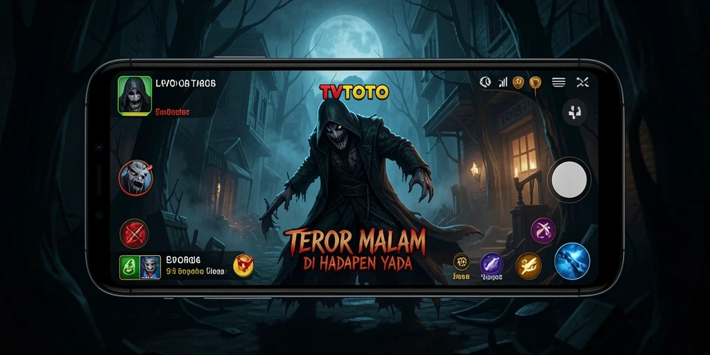 Screenshot utama TVTOTO menampilkan suasana mencekam di tengah kegelapan.