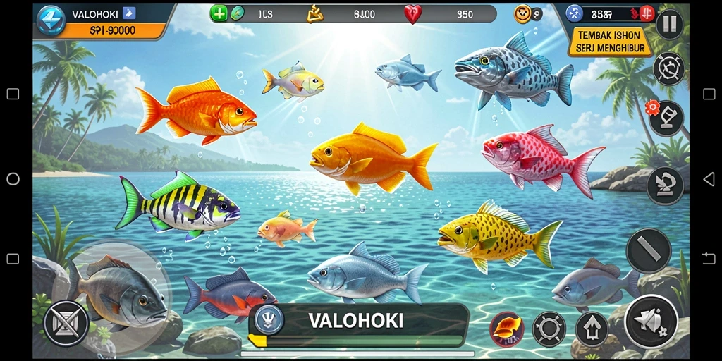 Screenshot gameplay VALOHOKI dengan aksi menembak ikan yang seru.